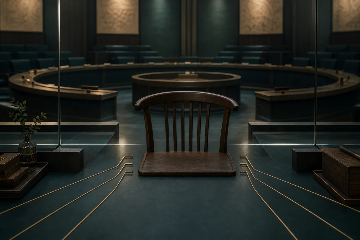 AI-generated editorial image of financial and communications lines stopping before an empty judicial chair