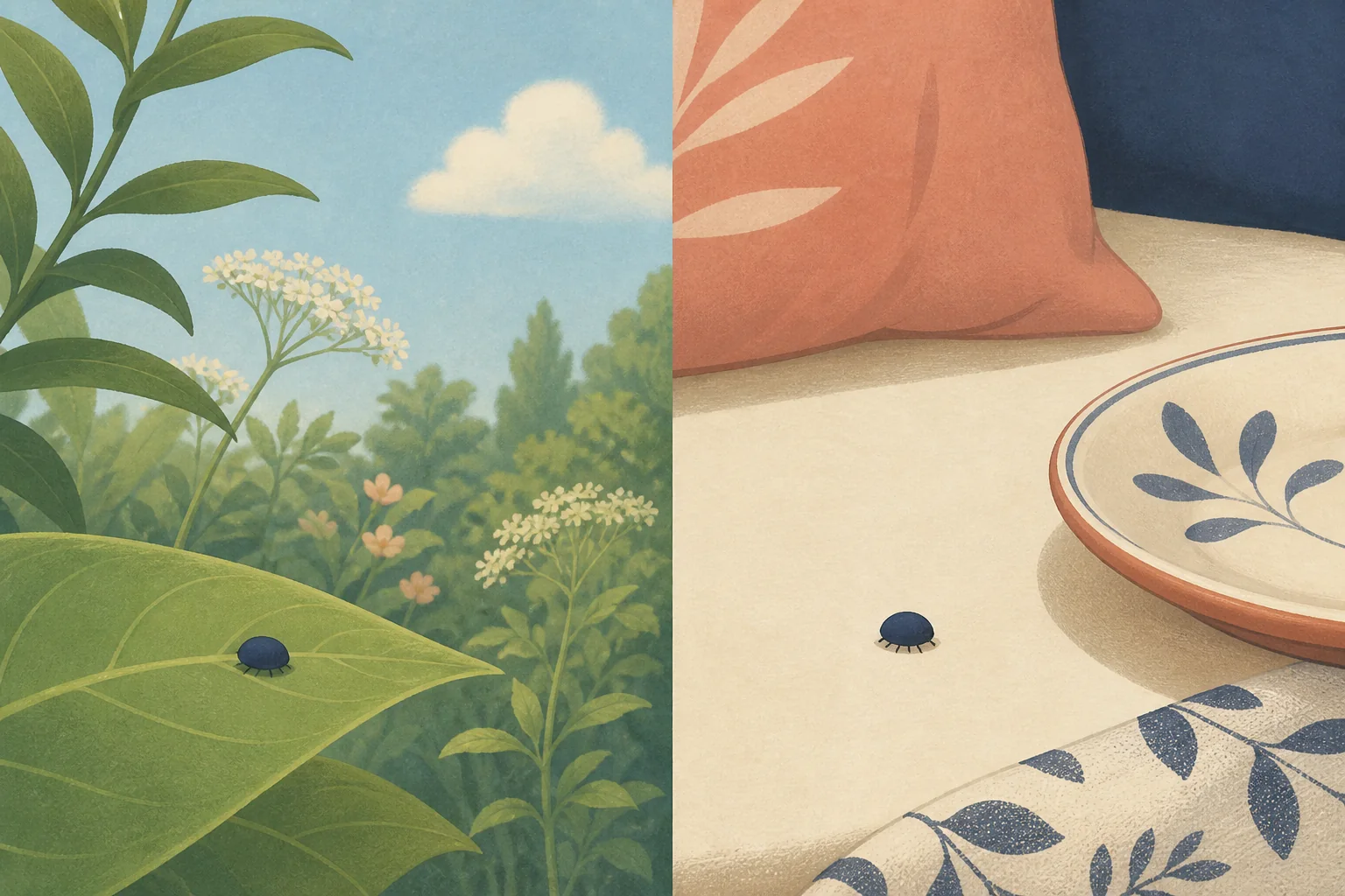 同じ小さな虫が屋外の葉の上と室内の皿や枕の近くにいる比較イラスト