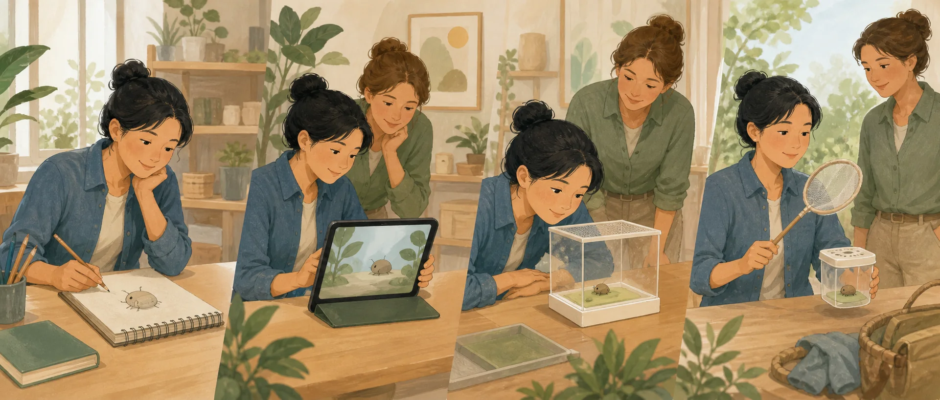 イラスト、動画、透明ケース、道具練習へ段階的に進む大人と支援者のイラスト