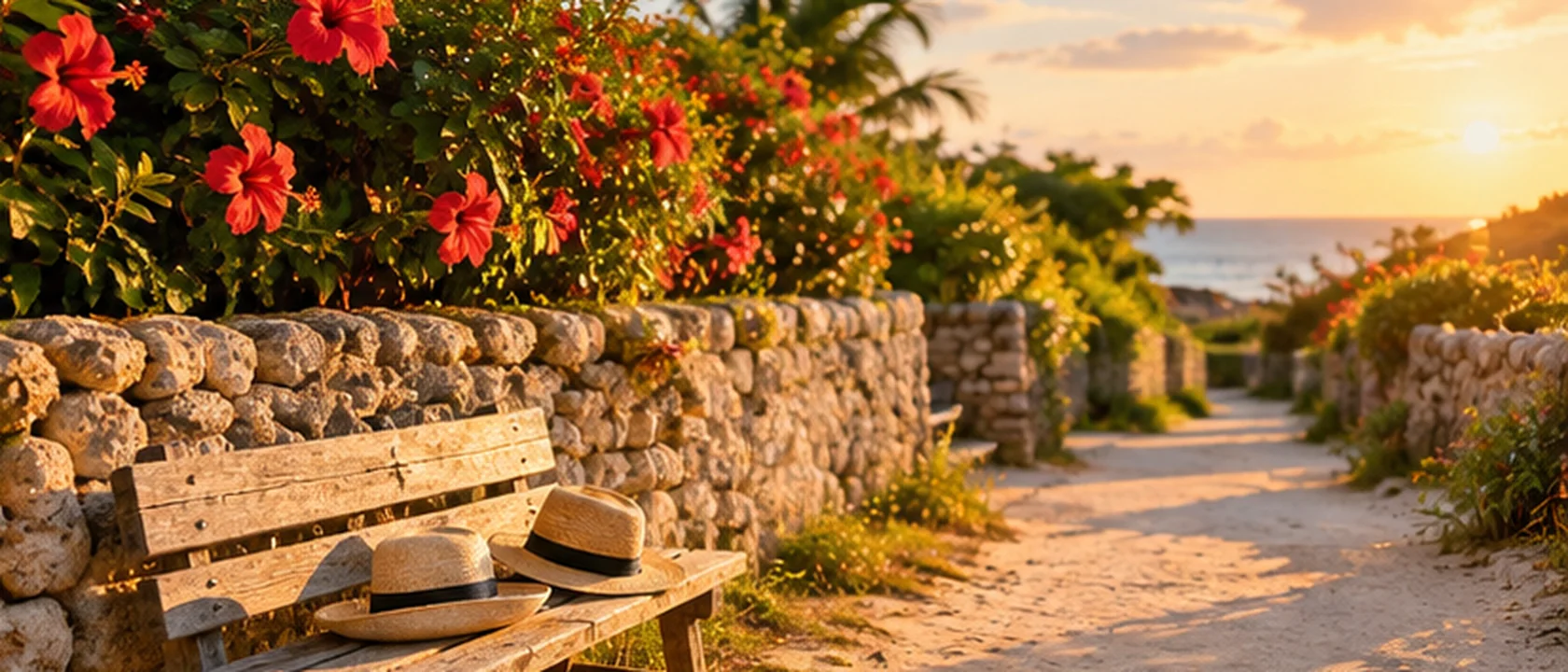 AI-generated image of a stone-walled lane in evening light, with two straw hats resting on a wooden bench in front of a flowering hedge