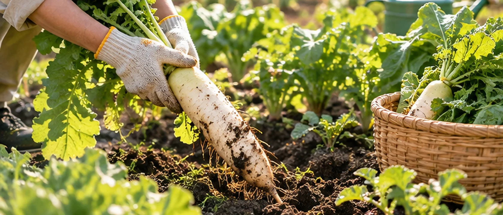 AI-generated close-up of gloved hands harvesting a soil-covered daikon radish and leafy greens in a community vegetable garden