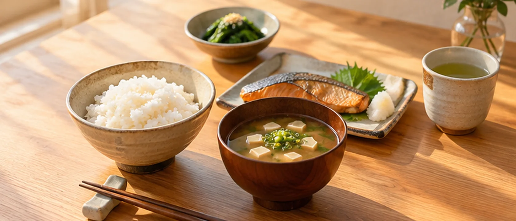 AI-generated image of a simple home meal on a wooden table in morning light: rice, miso soup, grilled fish and blanched greens
