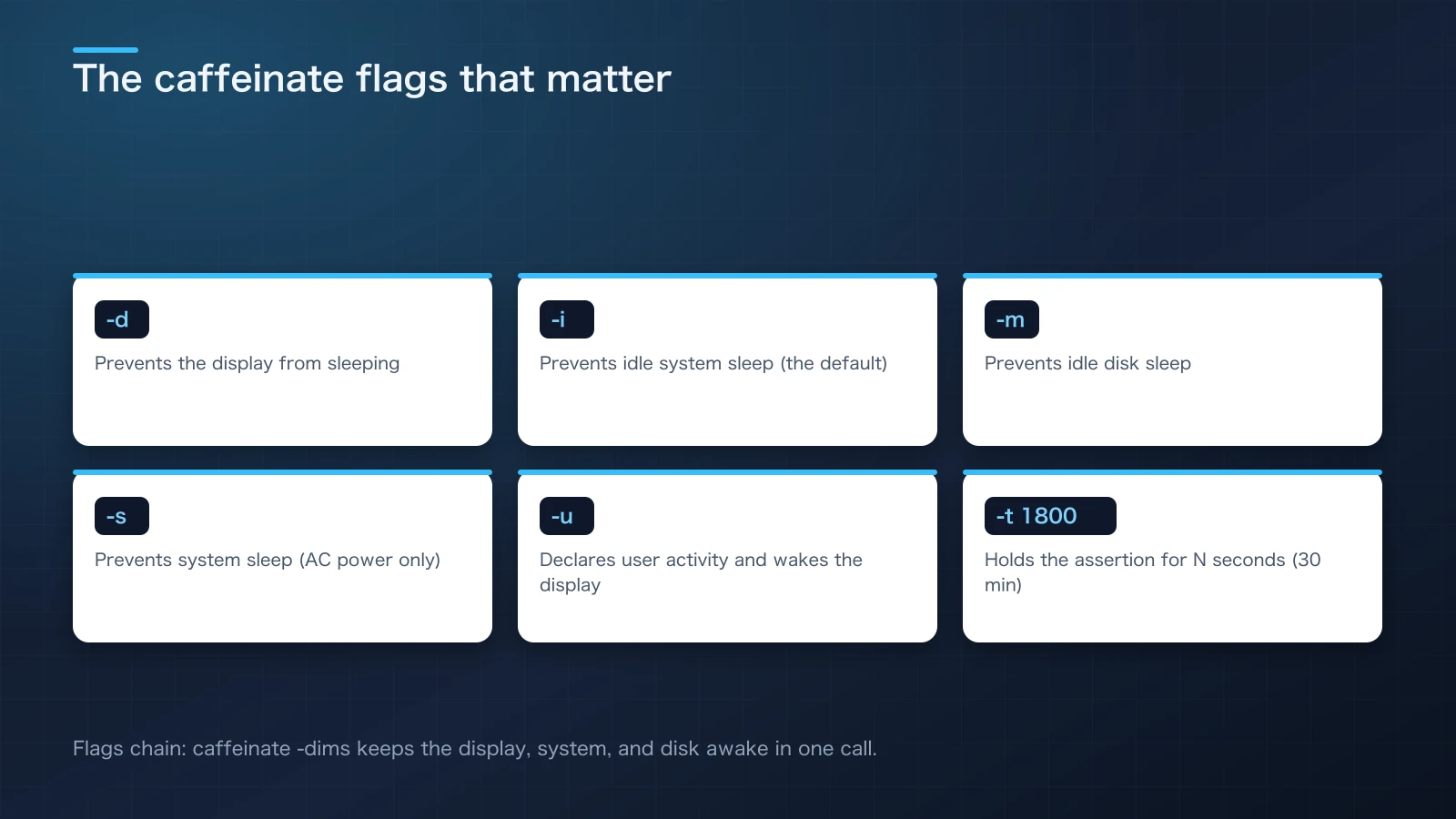 Cheat sheet illustrating caffeinate's main flags: -d, -i, -m, -s, -u, -t, -w
