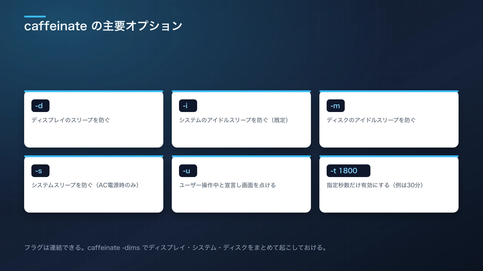 caffeinateコマンドの主要オプション（-d -i -m -s -u -t -w）を整理したチートシート図