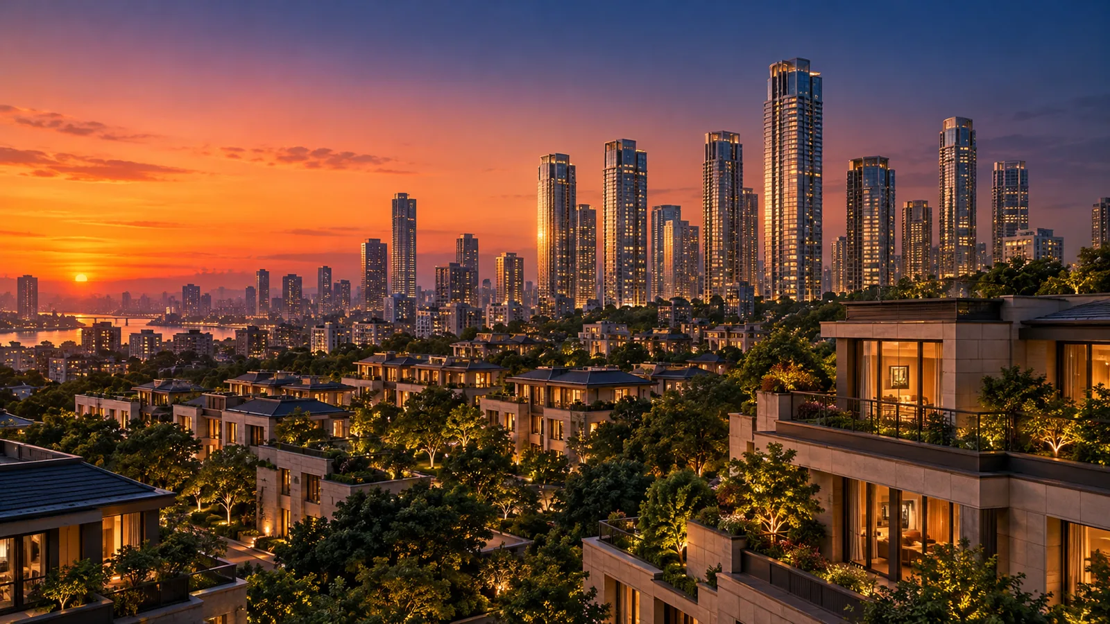 AI-generated view of a city at dusk with fictional high-rise and leafy low-rise condominiums, windows starting to light up