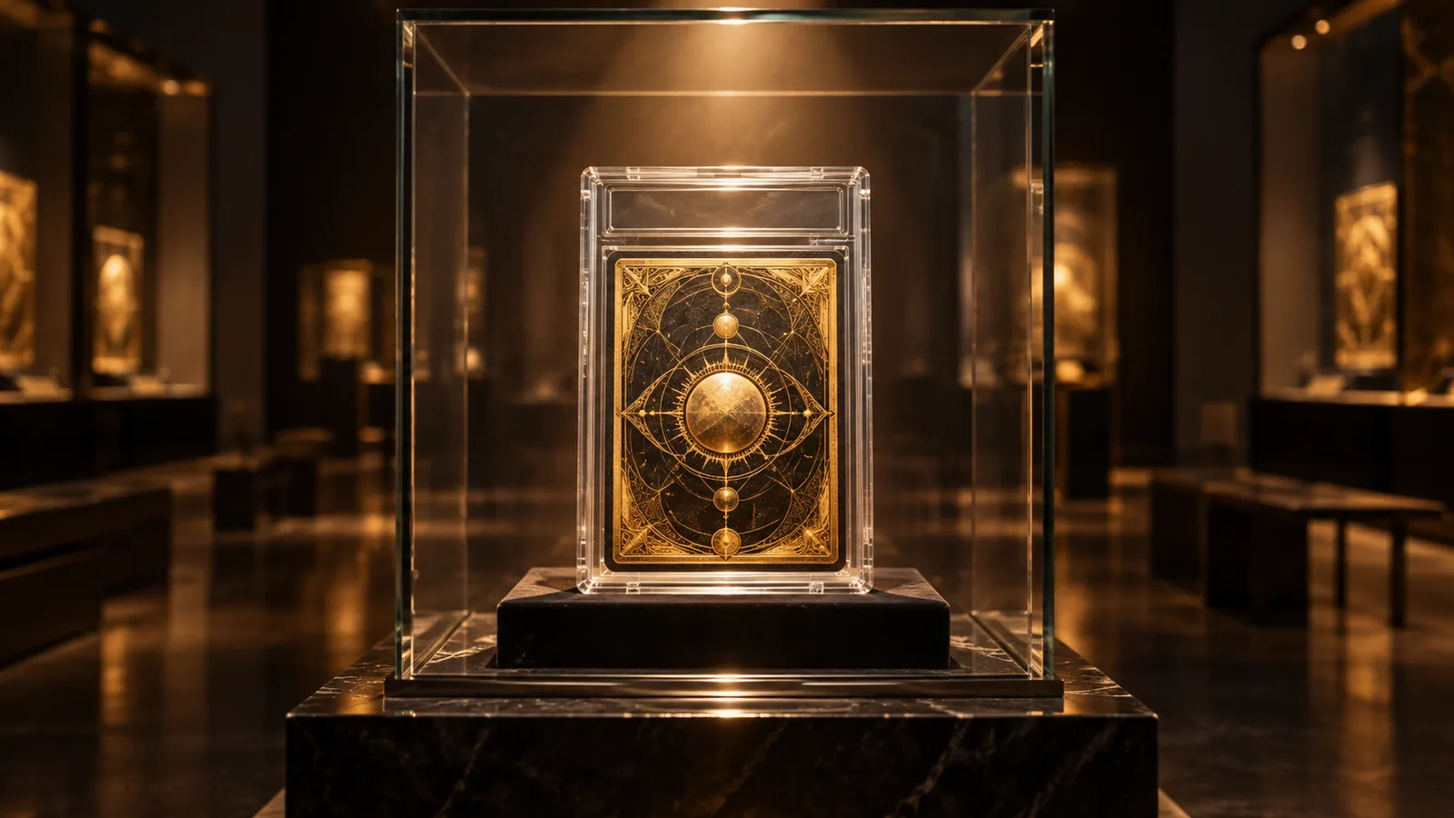 AI-generated image of a single graded card in a glass display case under soft light