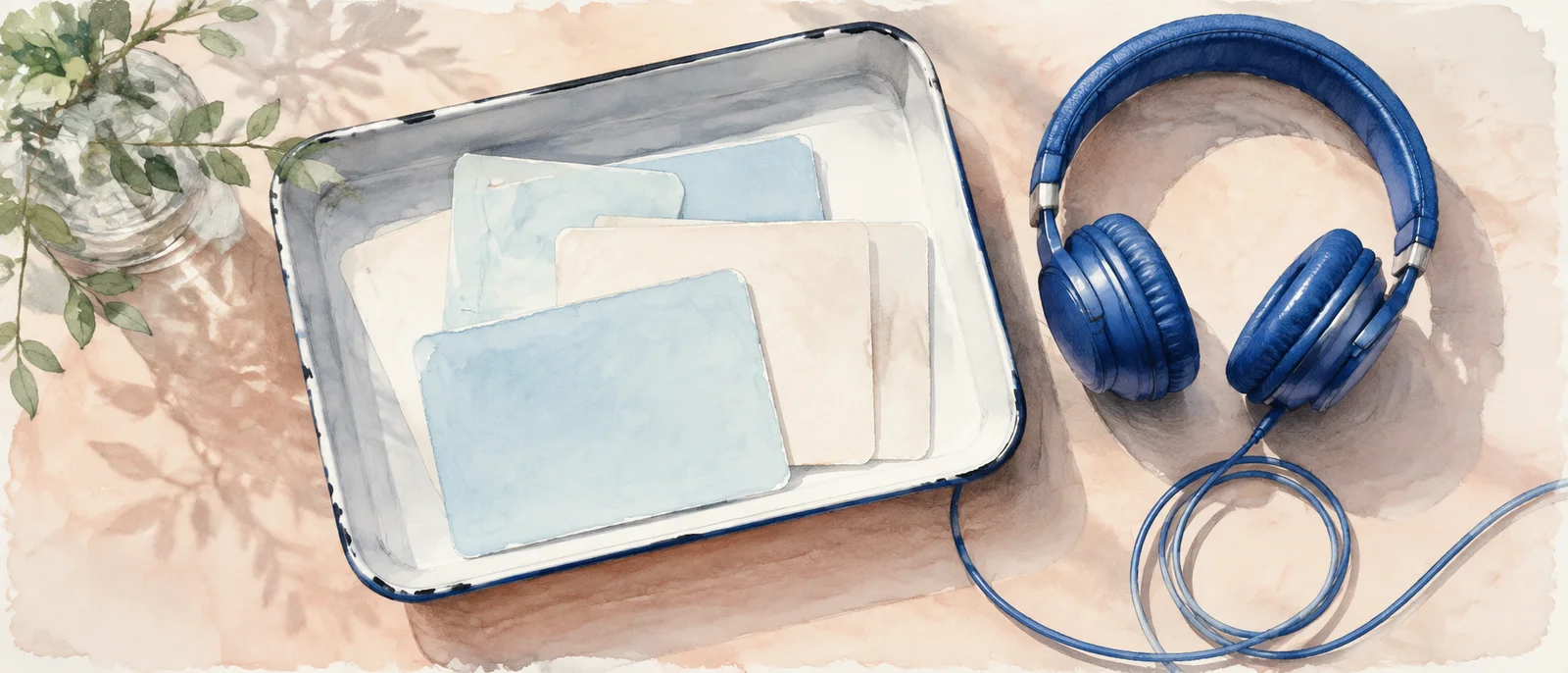 AI-generated illustration of a quiet inbox with text cards and earphones waiting beside it