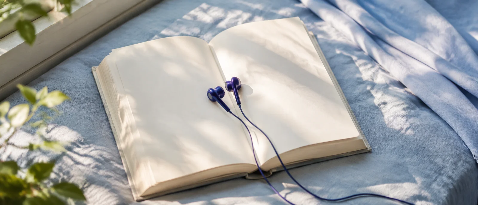 AI-generated editorial photograph pairing an open book with earphones to connect reading with listening