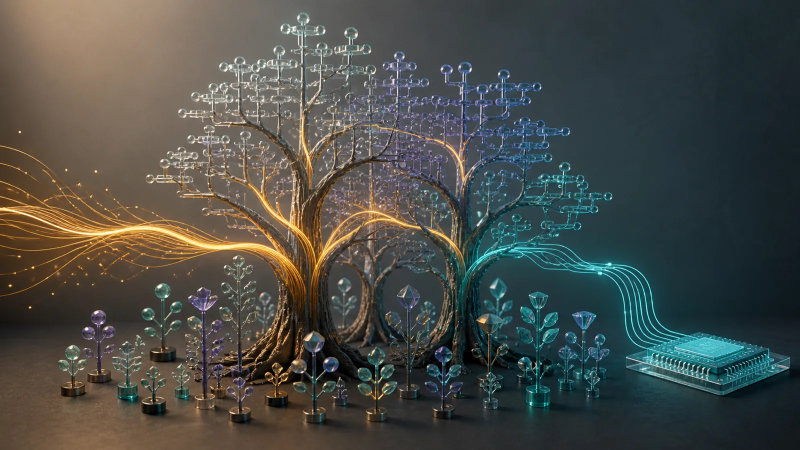 AI-generated illustration of many small programming languages sprouting between human intent, syntax trees, and machine circuits