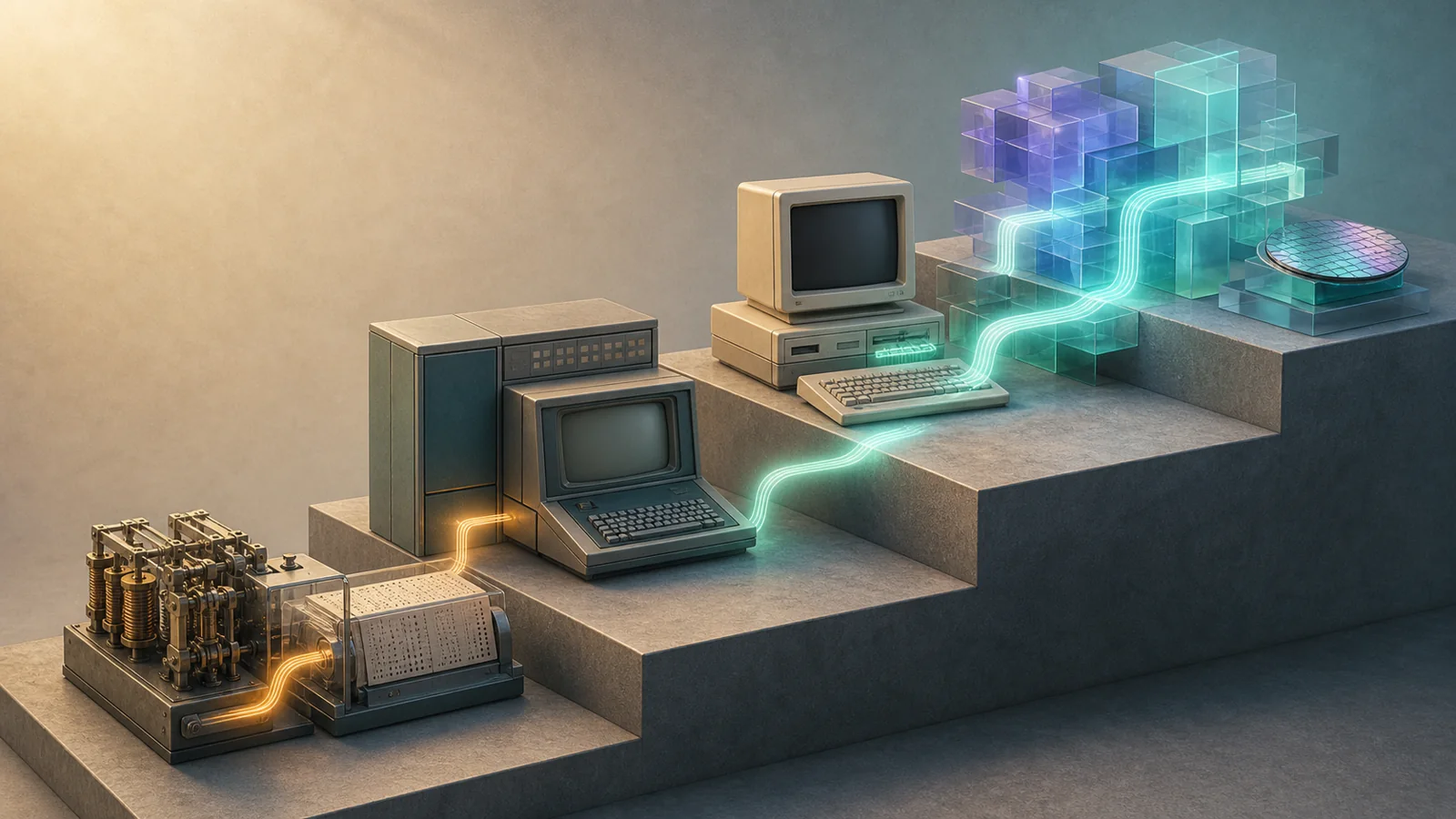 AI-generated illustration of abstraction building from machine rooms and mainframe terminals through personal computers to a modern development environment