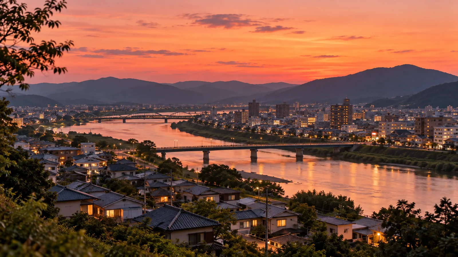 AI-generated view from a hill over a Japanese city at dusk, with lights coming on in the windows
