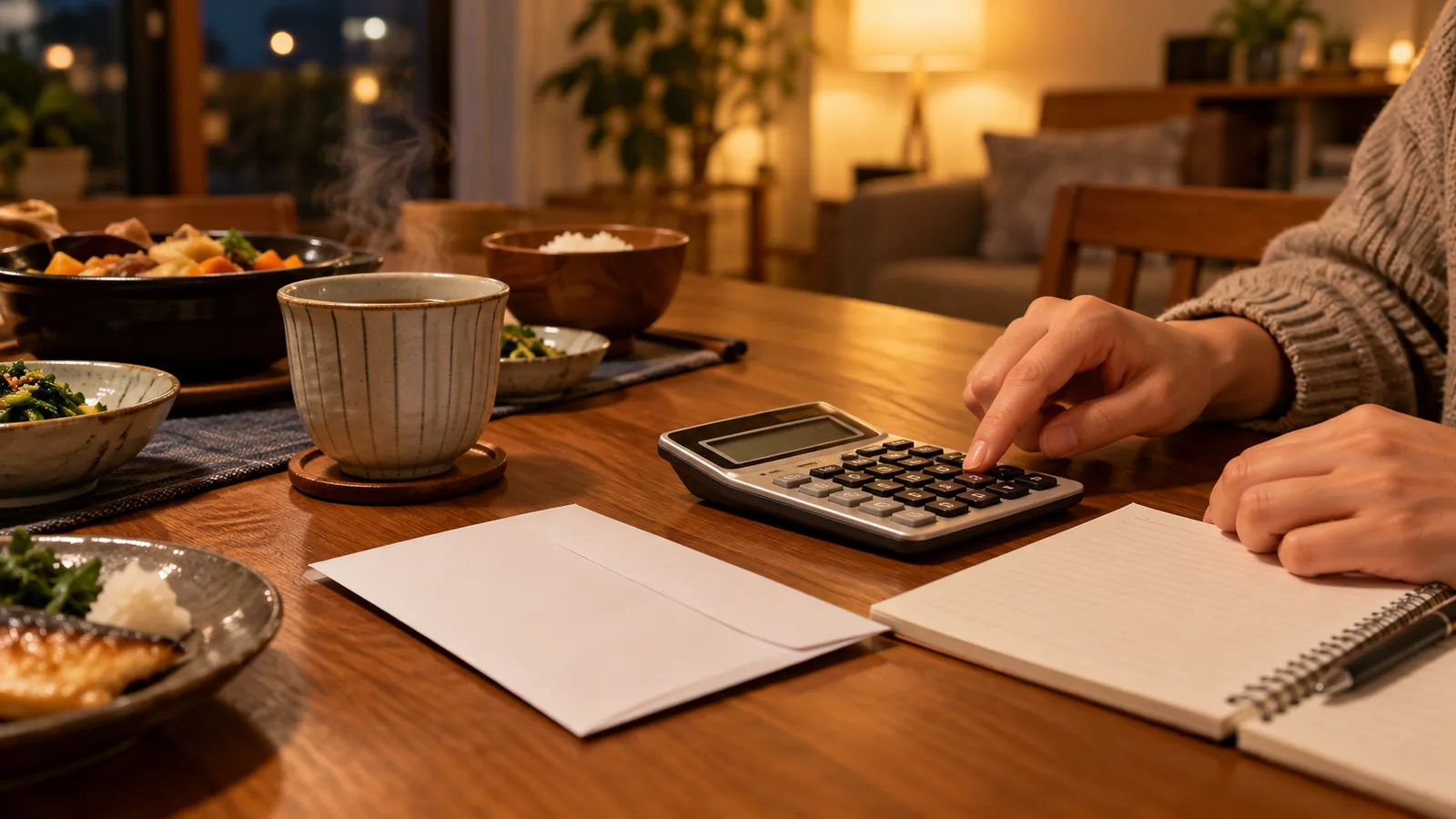 AI-generated close-up of a household budget being reviewed at a kitchen table with a calculator and envelopes