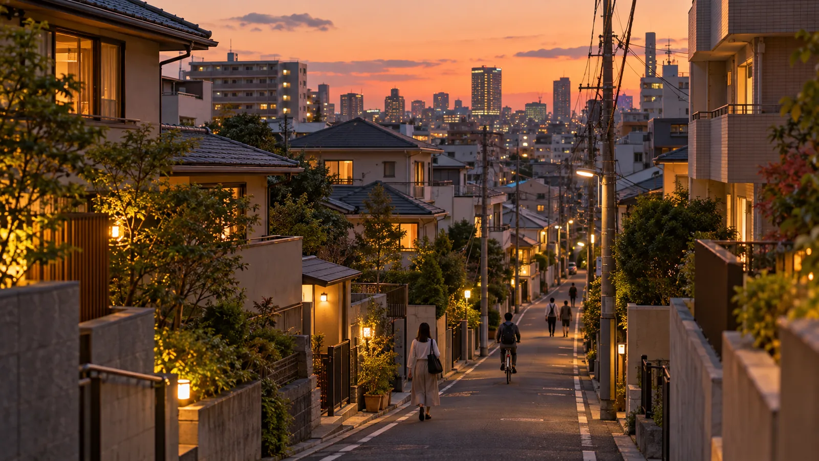 AI-generated overhead view of people on a street at the border between two Tokyo residential wards at dusk