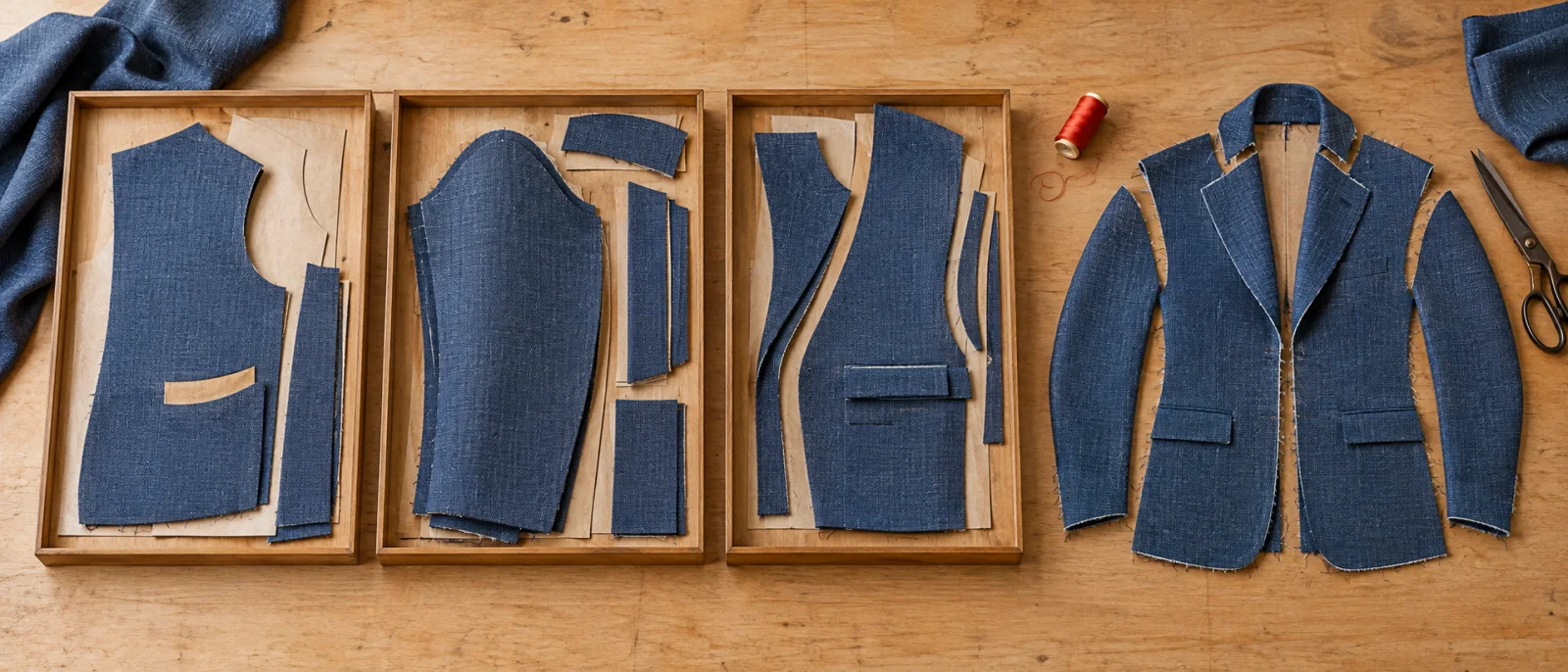 別々の裁断トレーで同じ型紙から異なる部品を作り、最後に一つの衣服へ合わせるAI生成イラスト