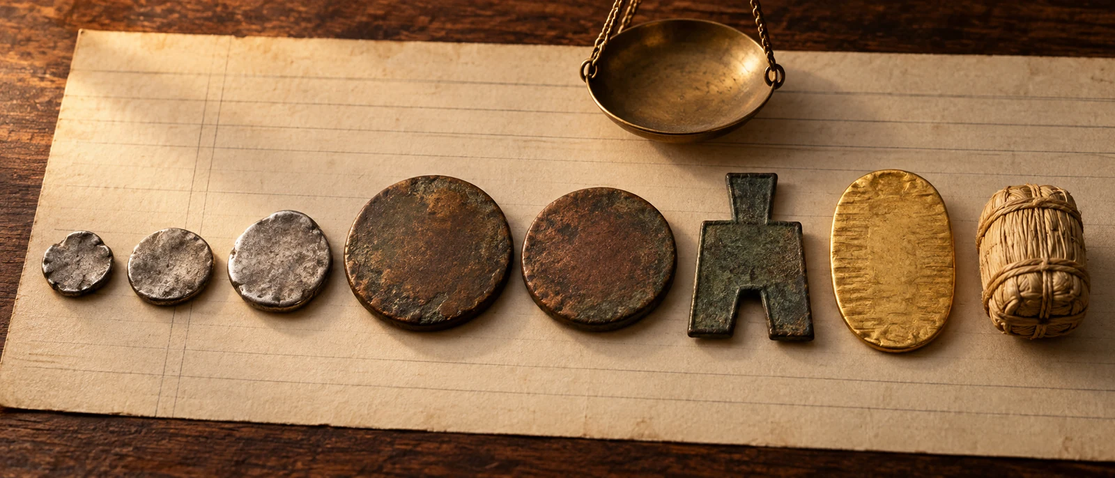 AI-generated still life of ancient Greek, Roman and Chinese coins, an Edo-period gold koban and a miniature rice bale in a row