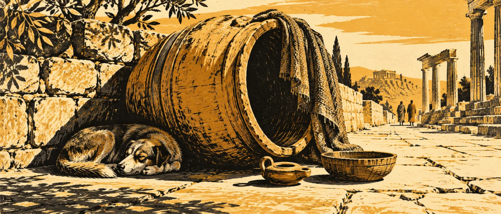 AI-generated woodcut-style image of a large clay jar lying on its side by an ancient Greek street, with a lamp and a sleeping dog