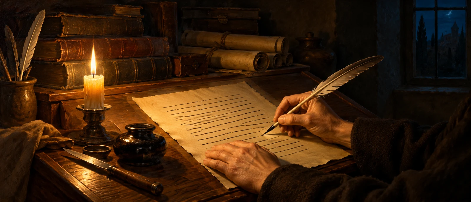 AI-generated oil-painting-style image of hands copying a manuscript by candlelight