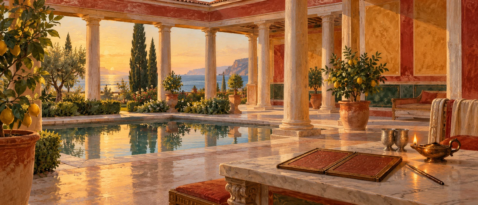 AI-generated painting of a Roman seaside villa courtyard at dusk with wax tablets and silver cups