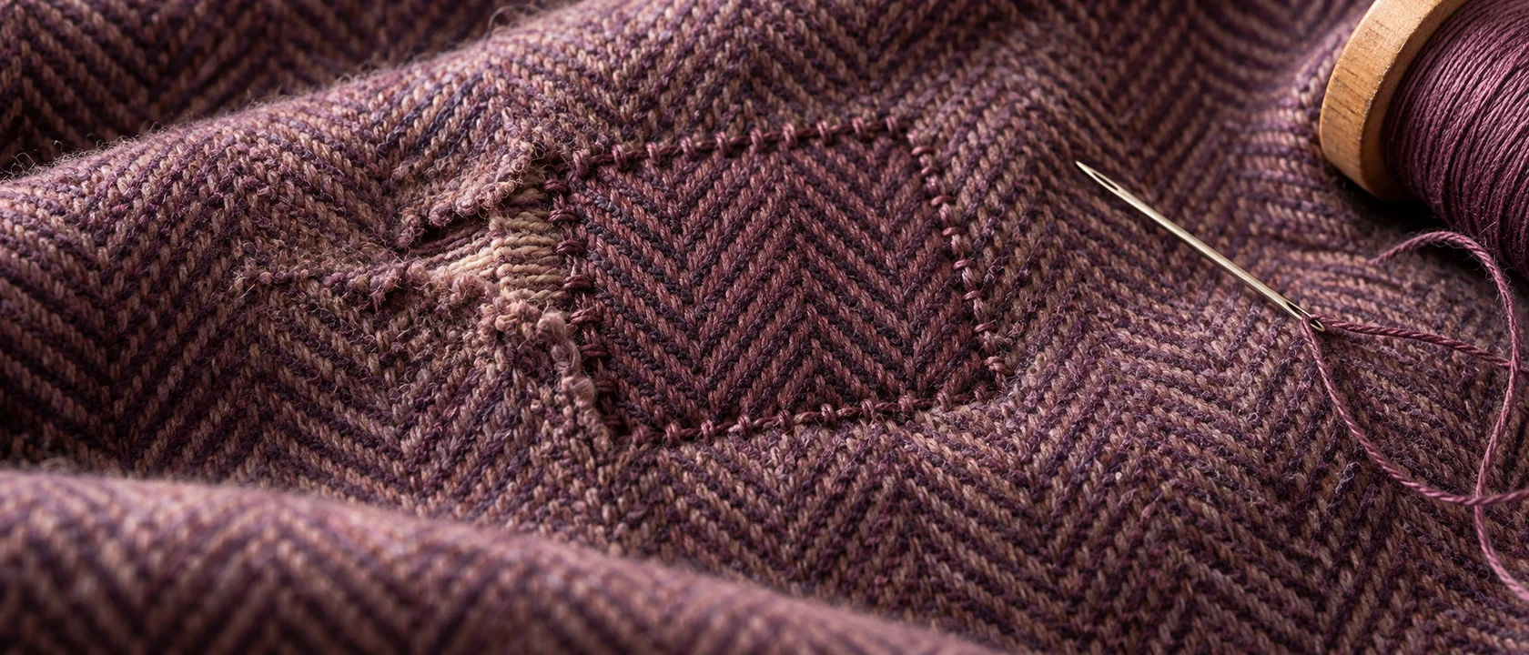 AI-generated close-up illustration of a repair patch sewn into an old textile while preserving its surrounding pattern