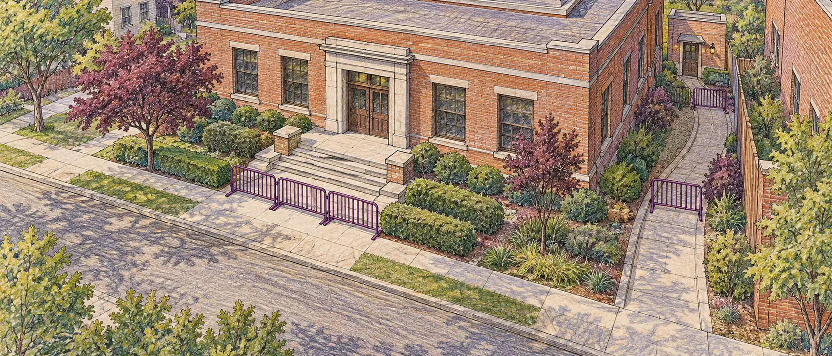 AI-generated overhead illustration of a building with temporary barriers across both its front entrance and a side passage