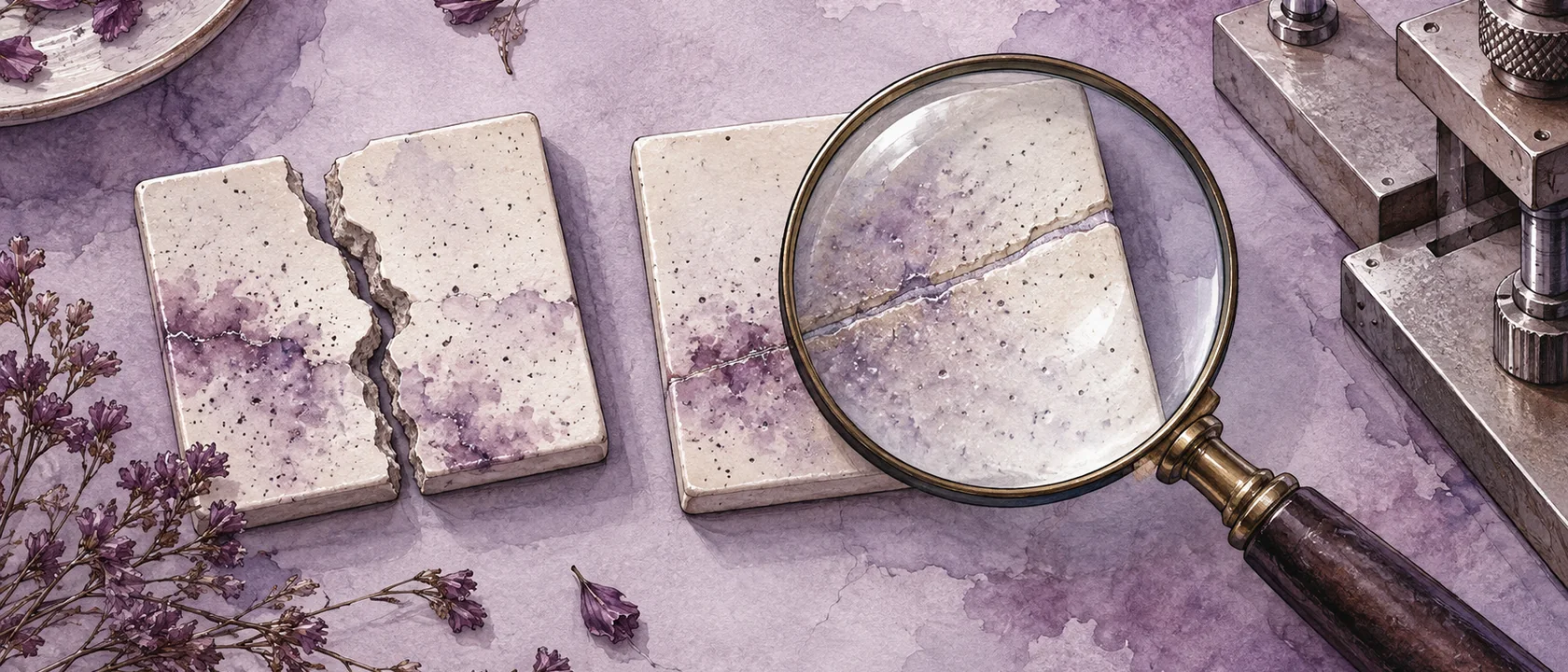 AI-generated editorial illustration of fractured and intact test specimens examined with a magnifying lens