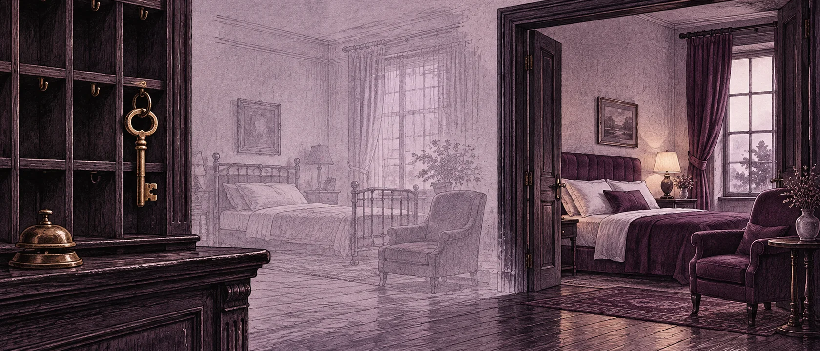 AI-generated editorial illustration of an obsolete room key passed to a new occupant after the previous room has been cleared