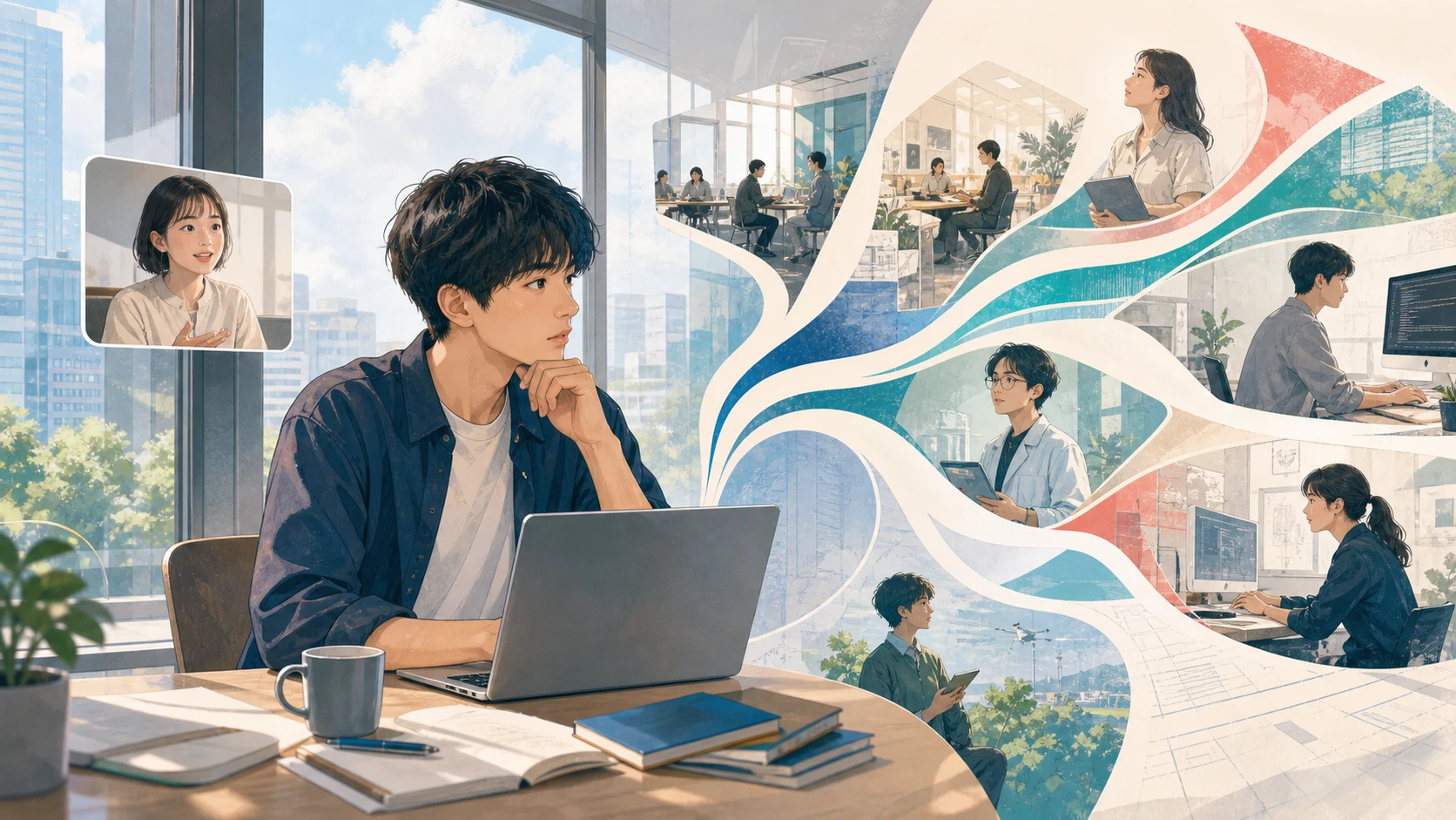現代の多様な就活・転職サービスから自分に合う道を考える様子を描いたAI生成イラスト