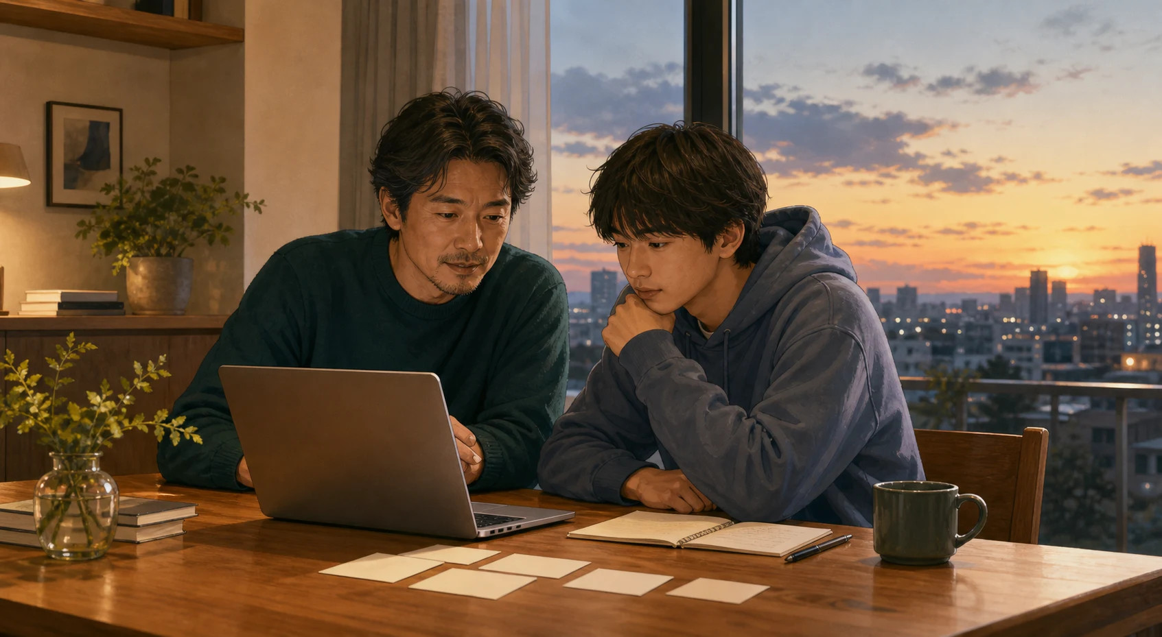将来の仕事選びについて親子で静かに話す様子を描いたAI生成イラスト