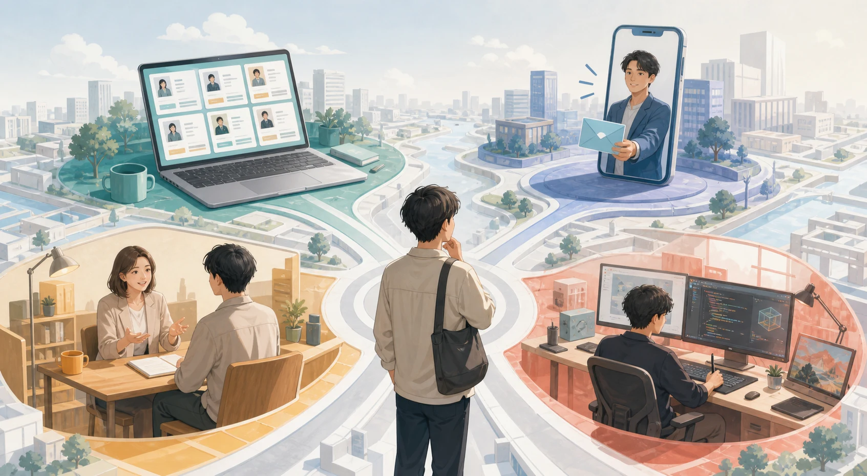 求人検索、企業からのスカウト、キャリア相談、専門職という4つの仕事探しの経路を選ぶ学生を描いたAI生成イラスト