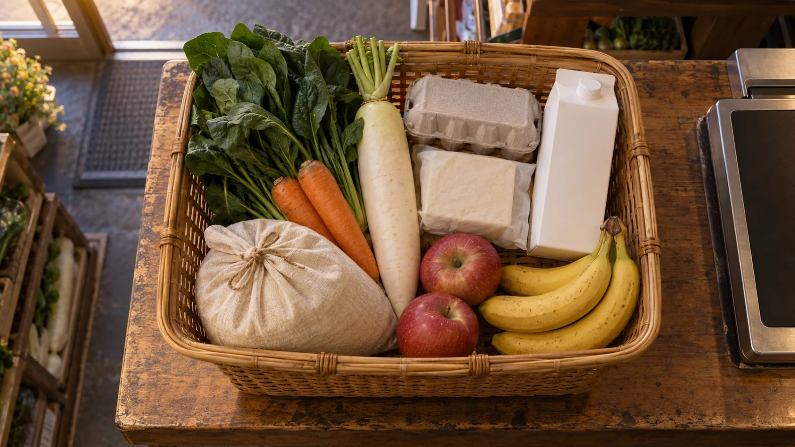 AI-generated overhead view of a shopping basket with vegetables, eggs, tofu, milk and a bag of rice on a wooden counter at a neighbourhood supermarket in the evening