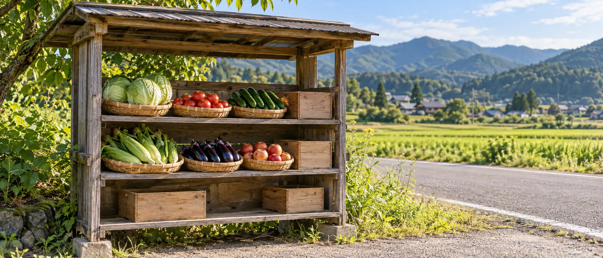 高原の道ばたにある木造の小さな野菜の無人販売所に、とれたての野菜や果物がかごに盛られて並ぶAI生成画像