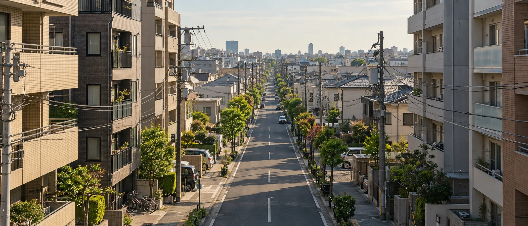 歩道橋の上から見下ろした、細長い集合住宅が密集する都心の住宅街と、遠くに続く低い家並みのAI生成画像