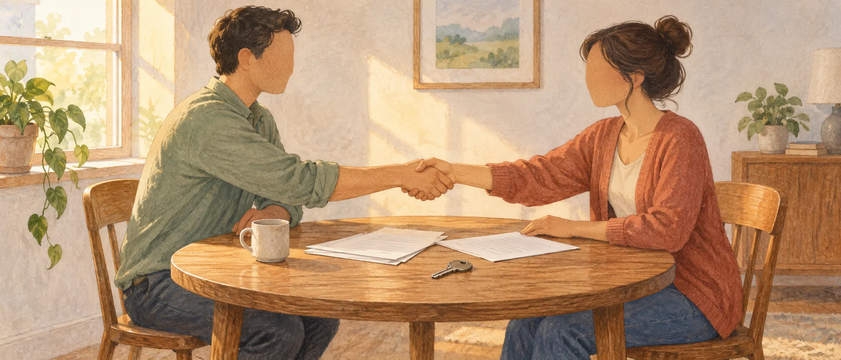 A landlord and tenant shaking hands across a table after reviewing settlement documents