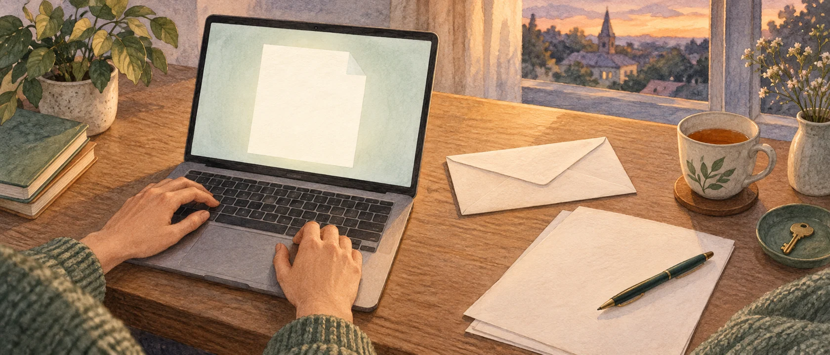 Preparing an electronic content-certified letter on a laptop at a quiet desk
