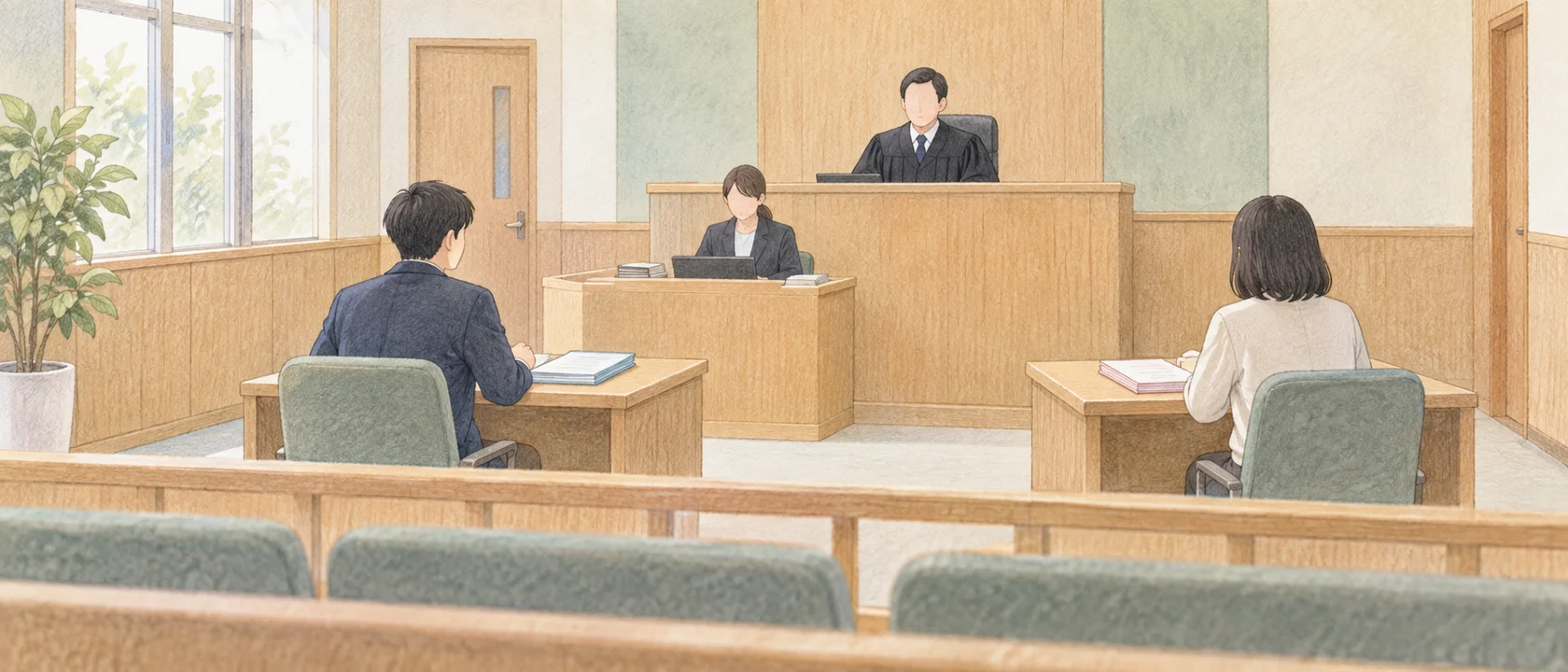 A small Japanese civil courtroom with a judge and two parties reviewing documents