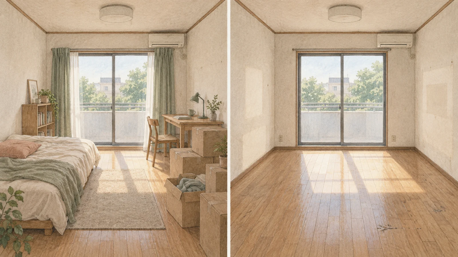 家具のある賃貸の部屋と、家具を運び出して日焼けや傷が見える同じ部屋を対比したイラスト