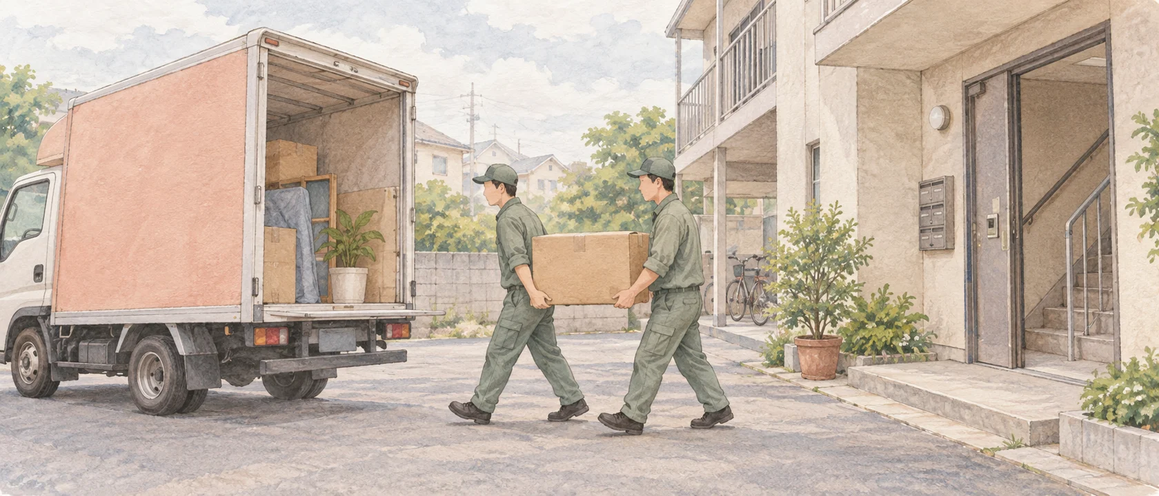 Movers carrying belongings into a truck outside a Japanese rental apartment