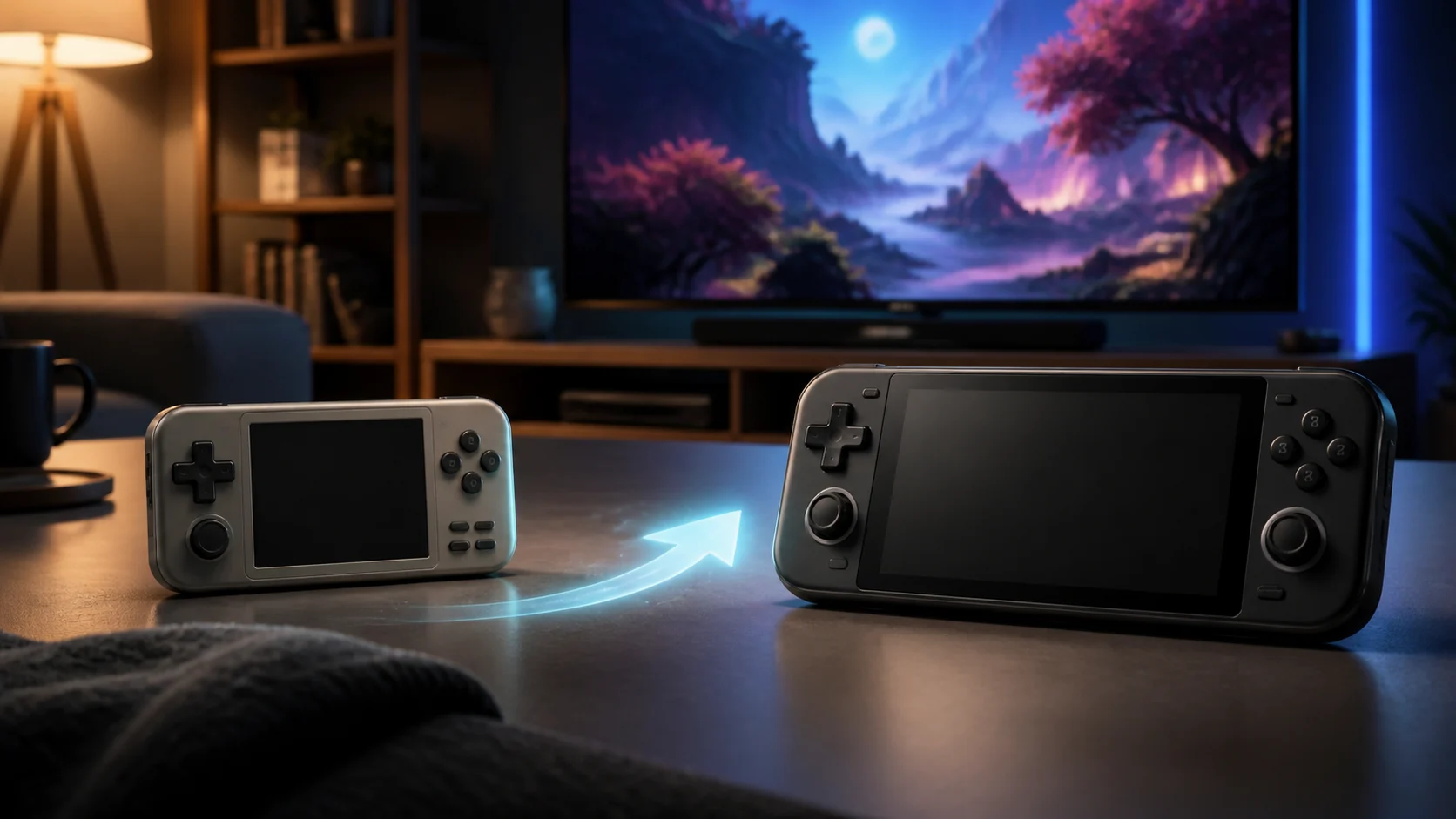 旧世代と新世代の携帯ゲーム機を比較する構図