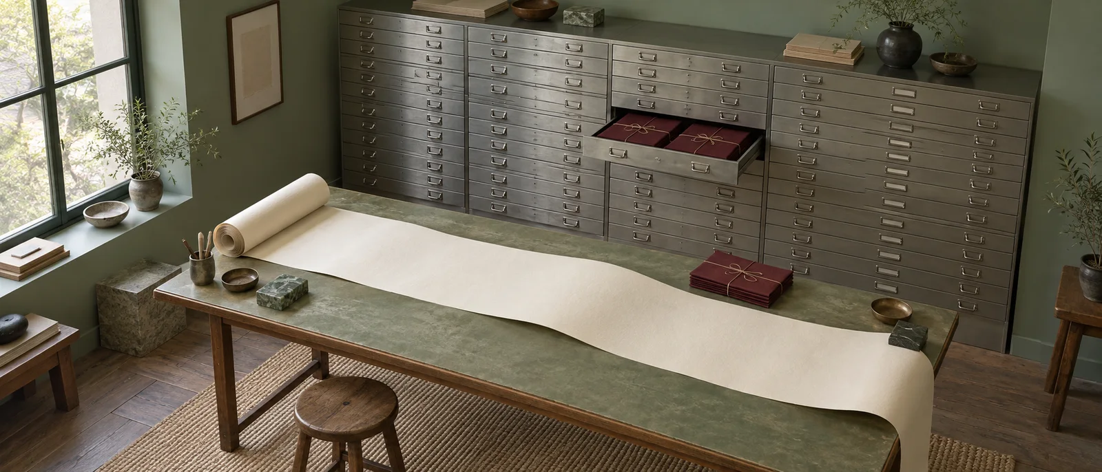 A miniature archive with a long paper scroll and organized reusable document trays
