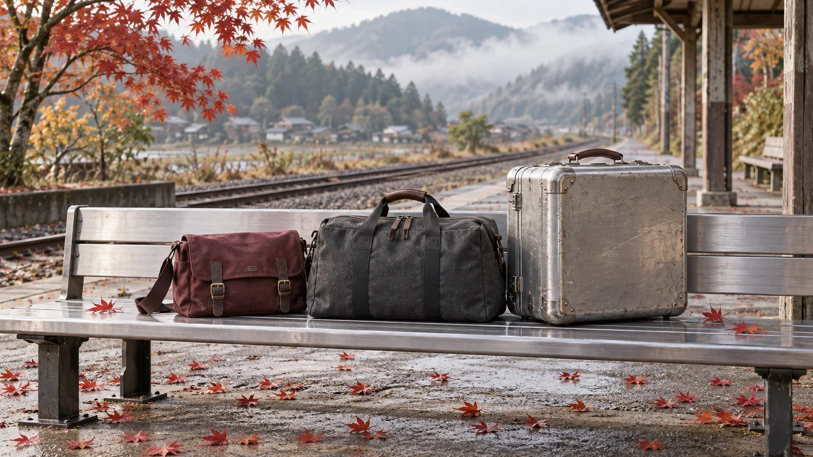Three different travel bags on a station bench in early autumn