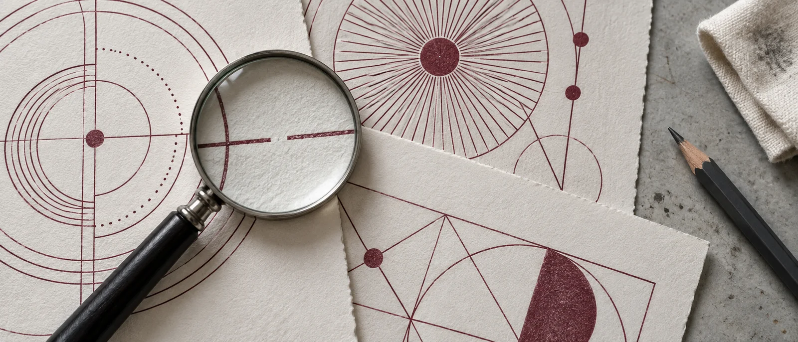 A magnifying glass inspecting geometric proof sheets in a photographic still life