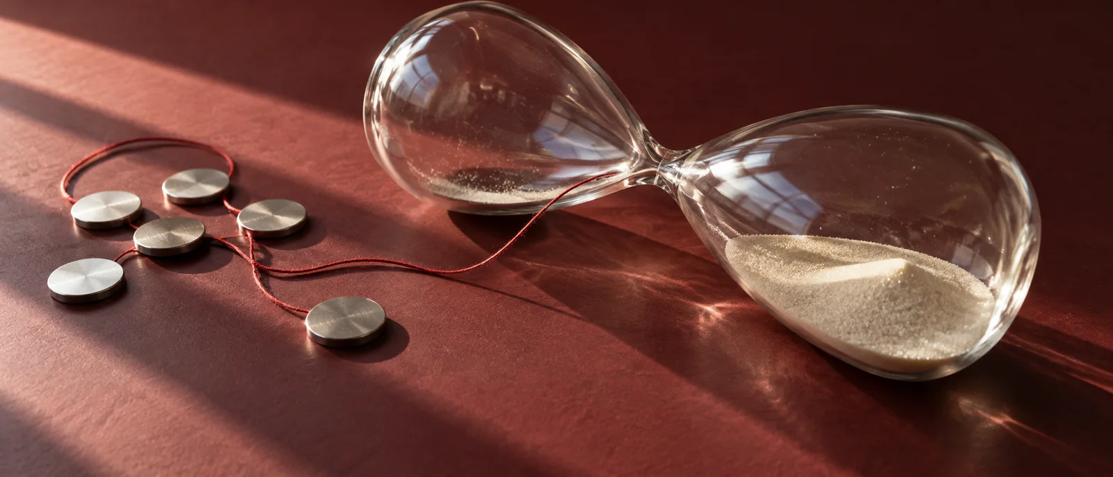 Small metal pieces, a large hourglass and red thread representing money and time