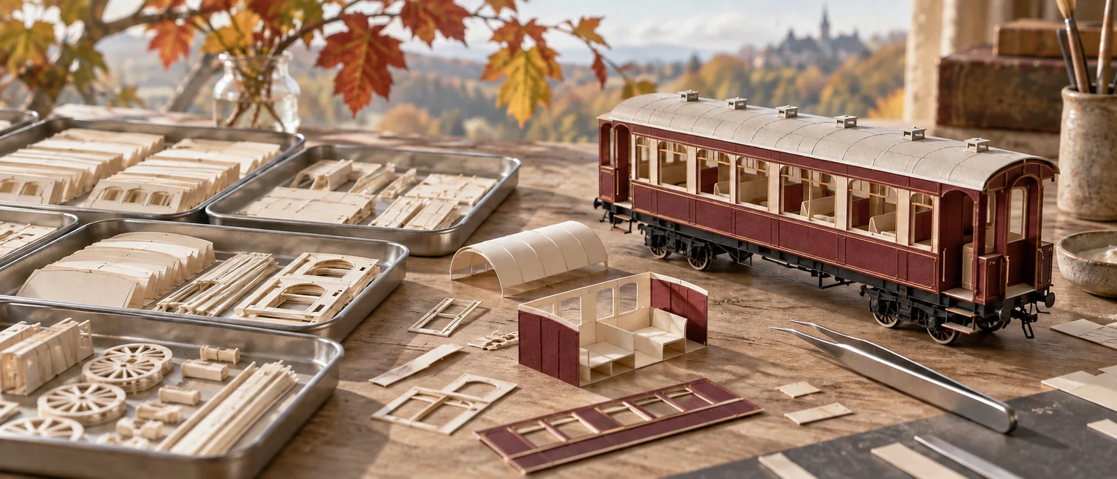 A miniature workshop separating simple paper-component sorting from intricate final assembly