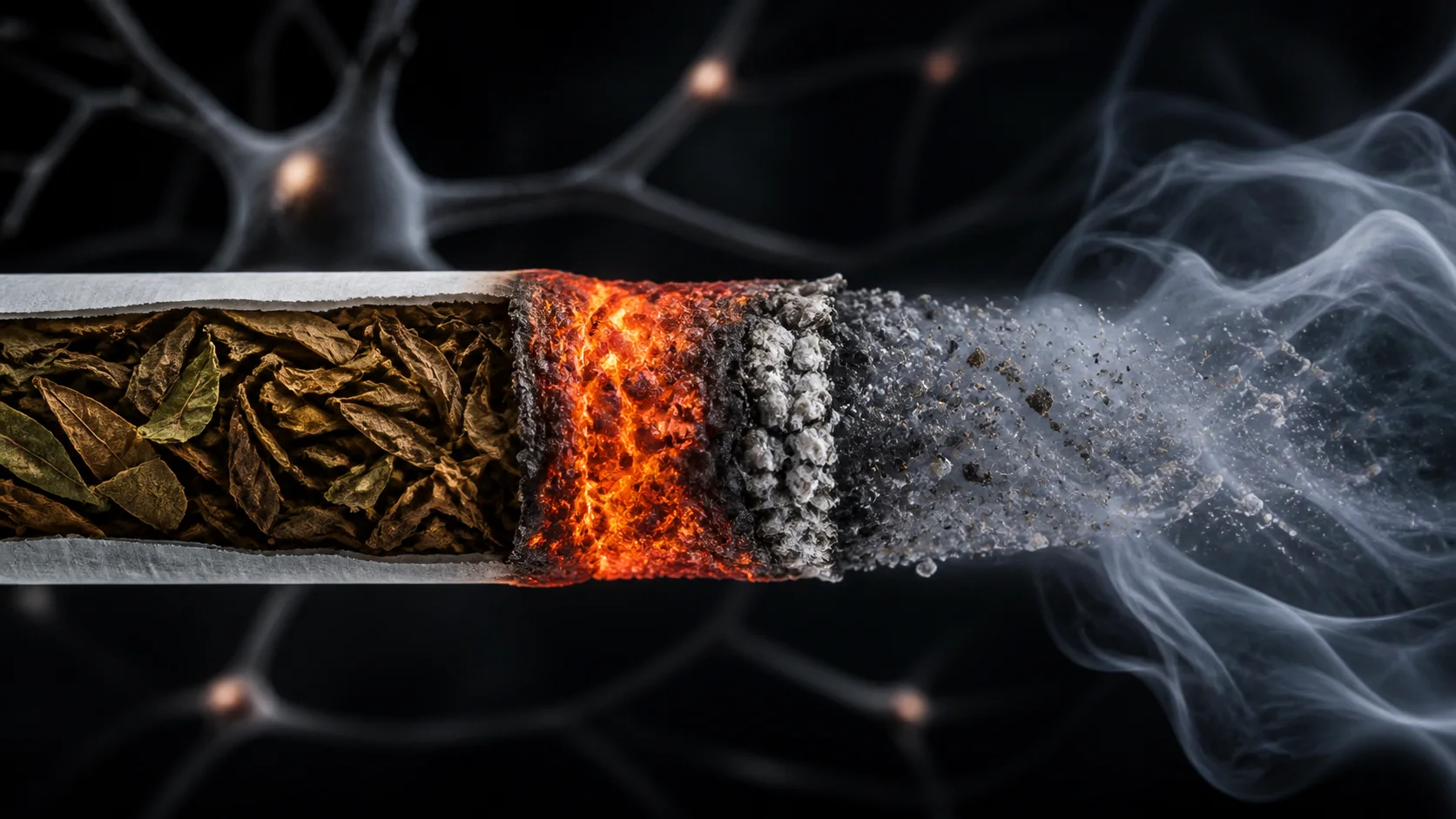 AI-generated conceptual macro image separating leaf, combustion, particles, and smoke