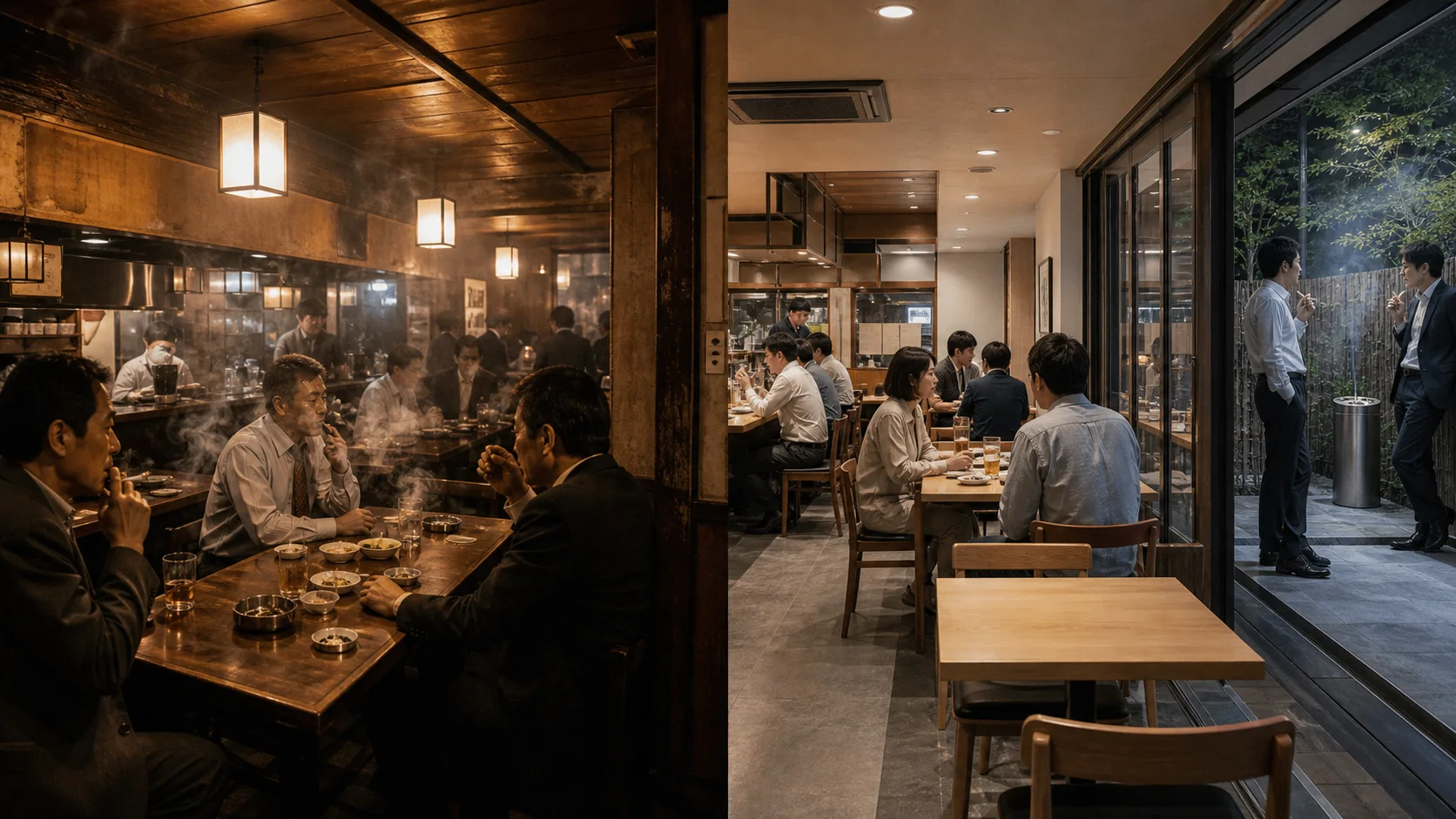 AI-generated split scene contrasting a smoky Showa-era izakaya with a modern separated smoking area