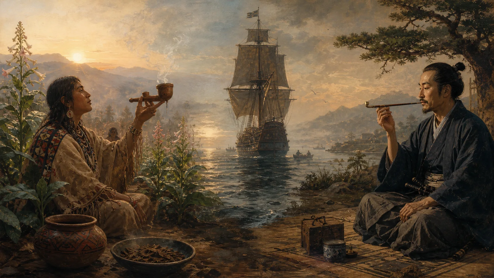 AI-generated editorial illustration tracing tobacco from the Americas, across the ocean, to an Edo-period kiseru
