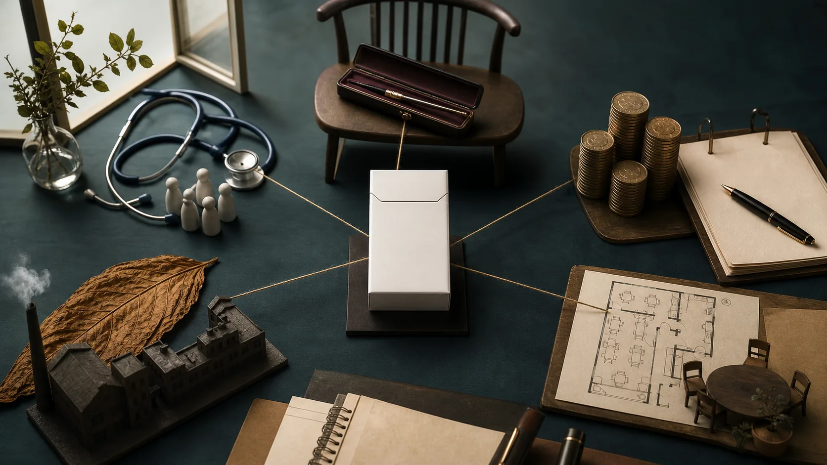 AI-generated conceptual still life representing health, personal choice, tax revenue, industry, and hospitality interests