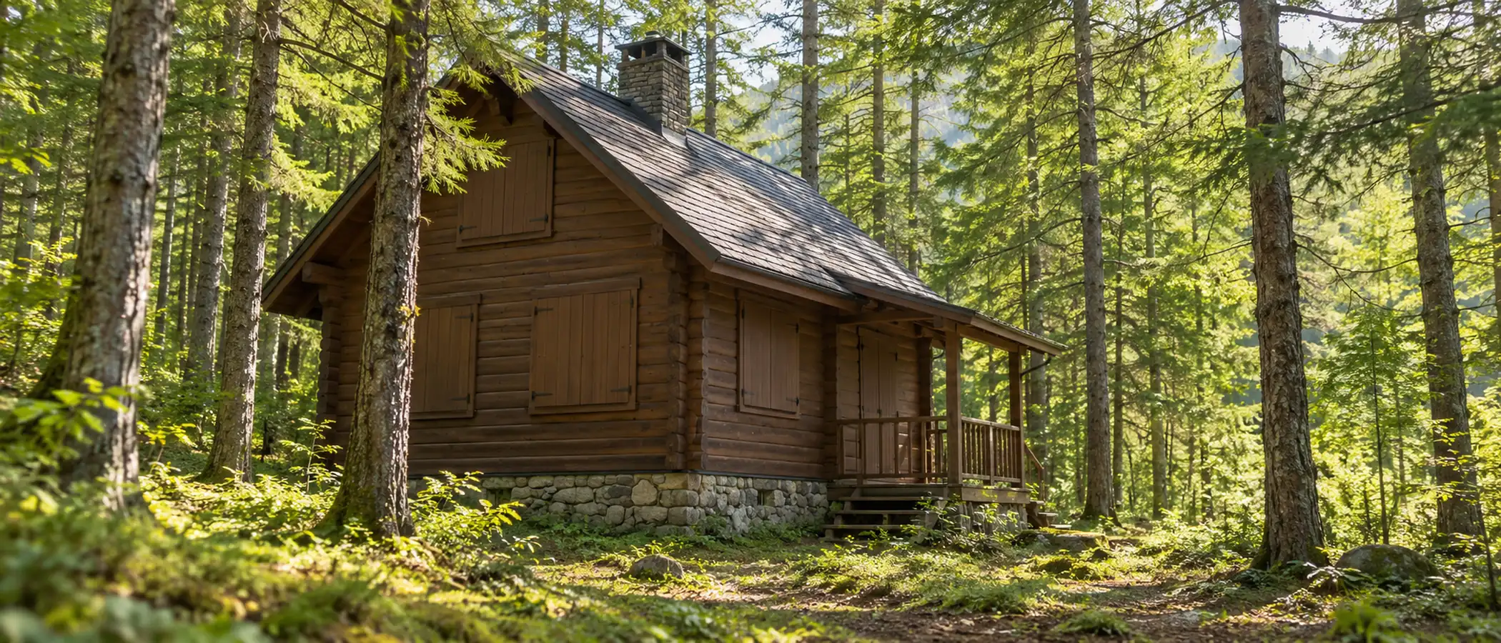 初夏のカラマツ林の中に、雨戸を閉めた木造の山小屋風の別荘が静かに建っている様子のAI生成画像