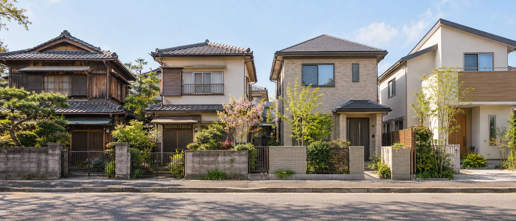 春の朝の住宅街で、建てられた年代の違う一戸建てが4軒、通りに沿って並んでいる様子を正面から写したAI生成画像