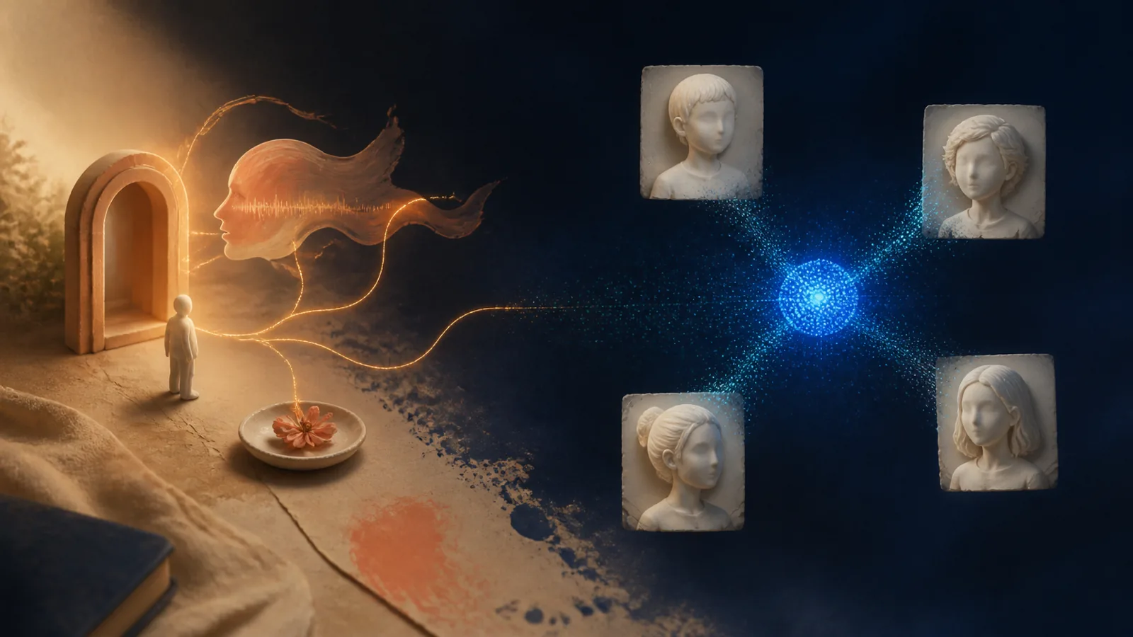 AI-generated editorial illustration of different outward appearances converging on one identity point in a numerical space